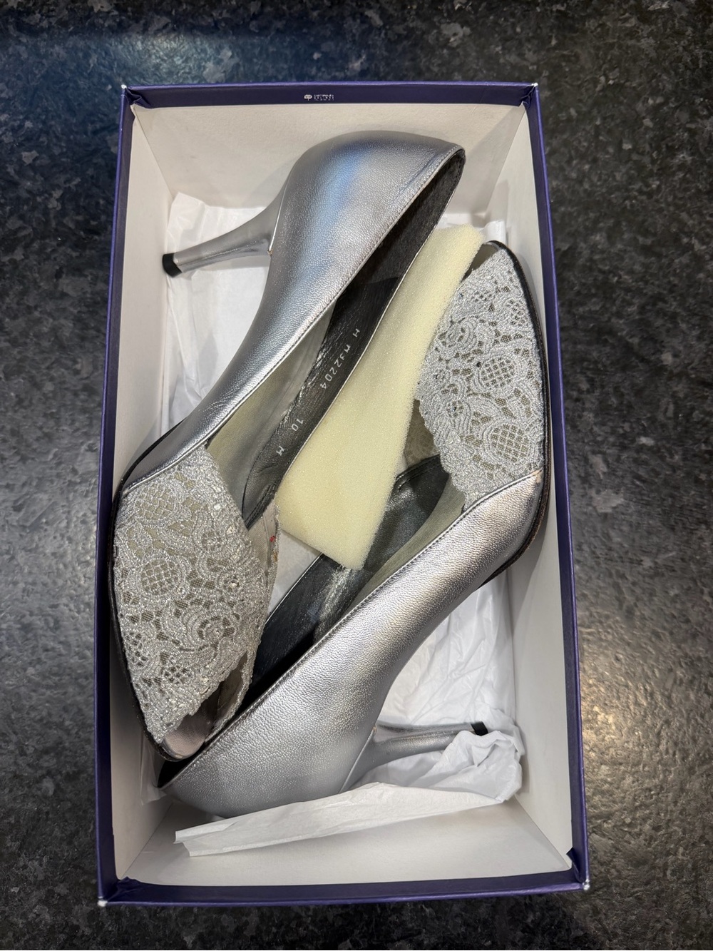Stuart Weitzman Silver Metallic Lace Peep Toe Heels Pumps